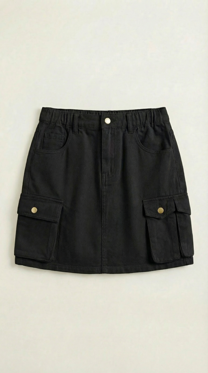 Fashionable women's utility mini skirt, A-line cargo style, featuring practical pockets and chic design.
