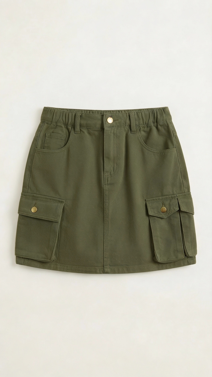 Versatile women's chic utility cargo mini skirt, suitable for various casual and trendy outfits, A-line.