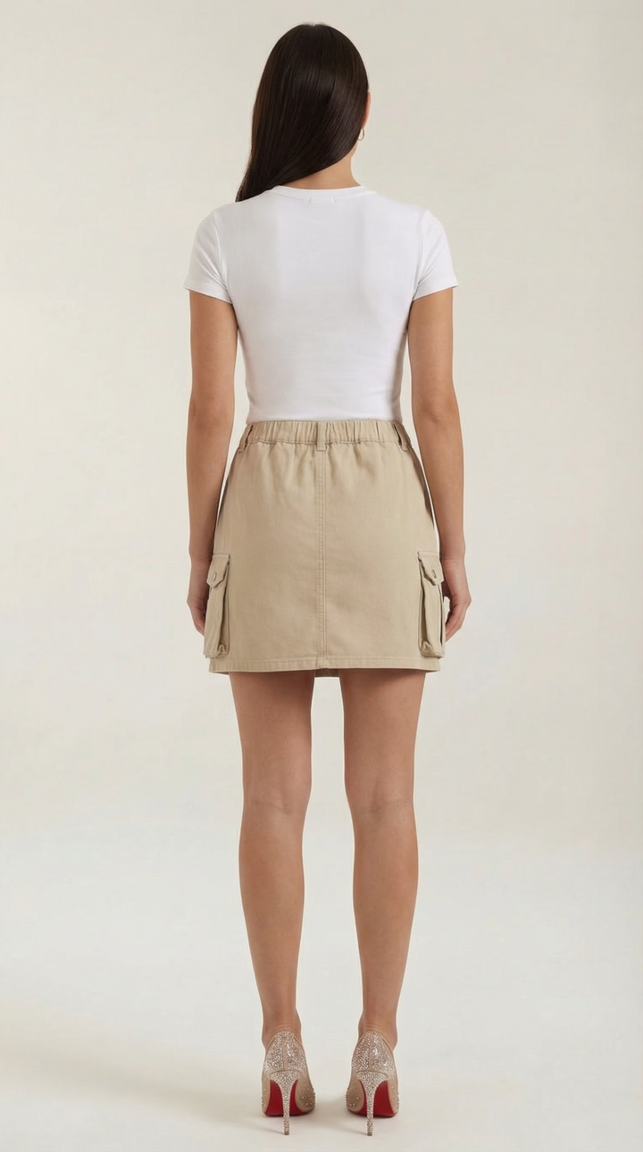 Functional women's mini cargo skirt with ample pockets, ideal for a chic, casual streetwear style.