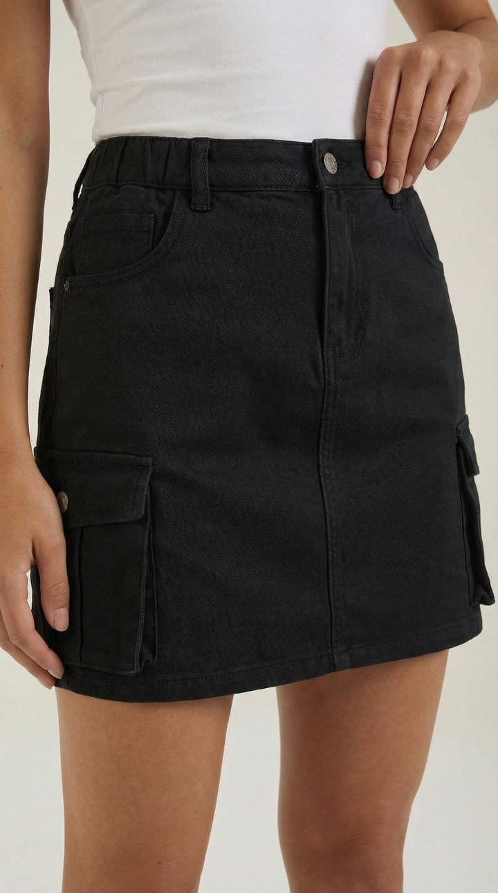 Front view of women's trendy utility cargo mini skirt with functional side pockets, A-line design.