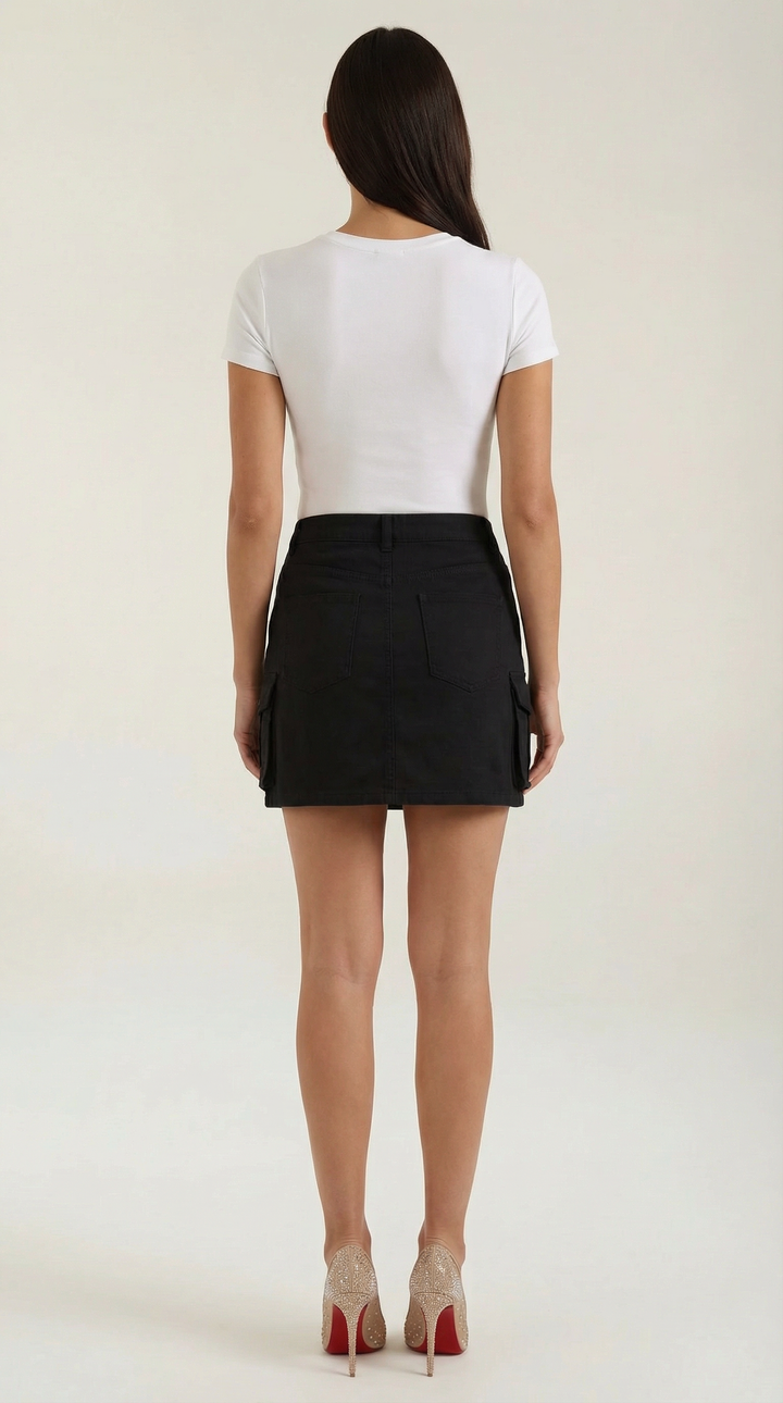Short women's cargo mini skirt, A-line style with utility pockets, perfect for summer streetwear fashion.