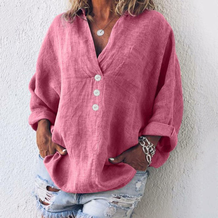 Women's chic V-neck long sleeve blouse, oversized fit, perfect for casual everyday wear.