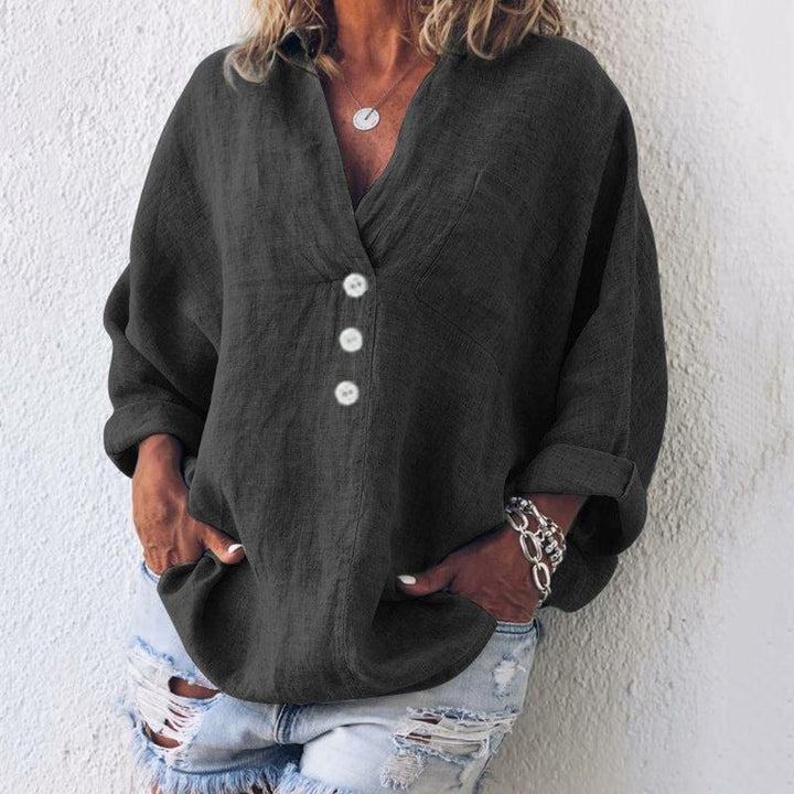 Everyday women's oversized V-neck long sleeve blouse, button-front, chic & comfortable.