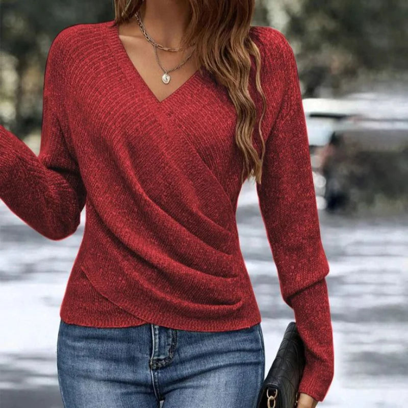 Stylish camel women's V-neck wrap front long sleeve knit sweater. Comfortable & flattering for any occasion.