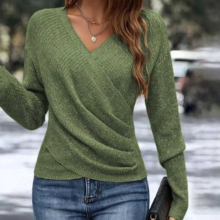 Versatile red V-neck wrap front long sleeve sweater for women. Chic knit top for spring/fall elegant outfits.