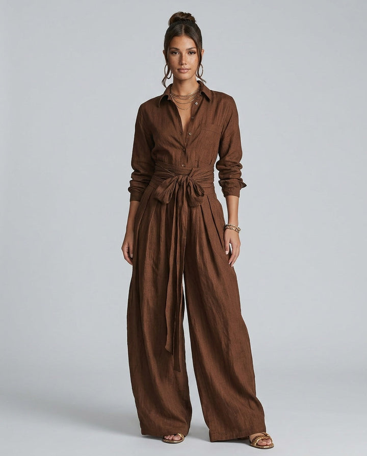 Women's chic wide leg jumpsuit with a stylish button front, perfect for versatile everyday wear.
