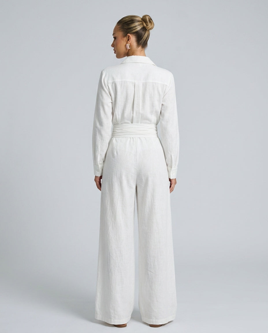 Detailed button-front on a women's chic wide leg jumpsuit, designed for comfort and versatile styling.