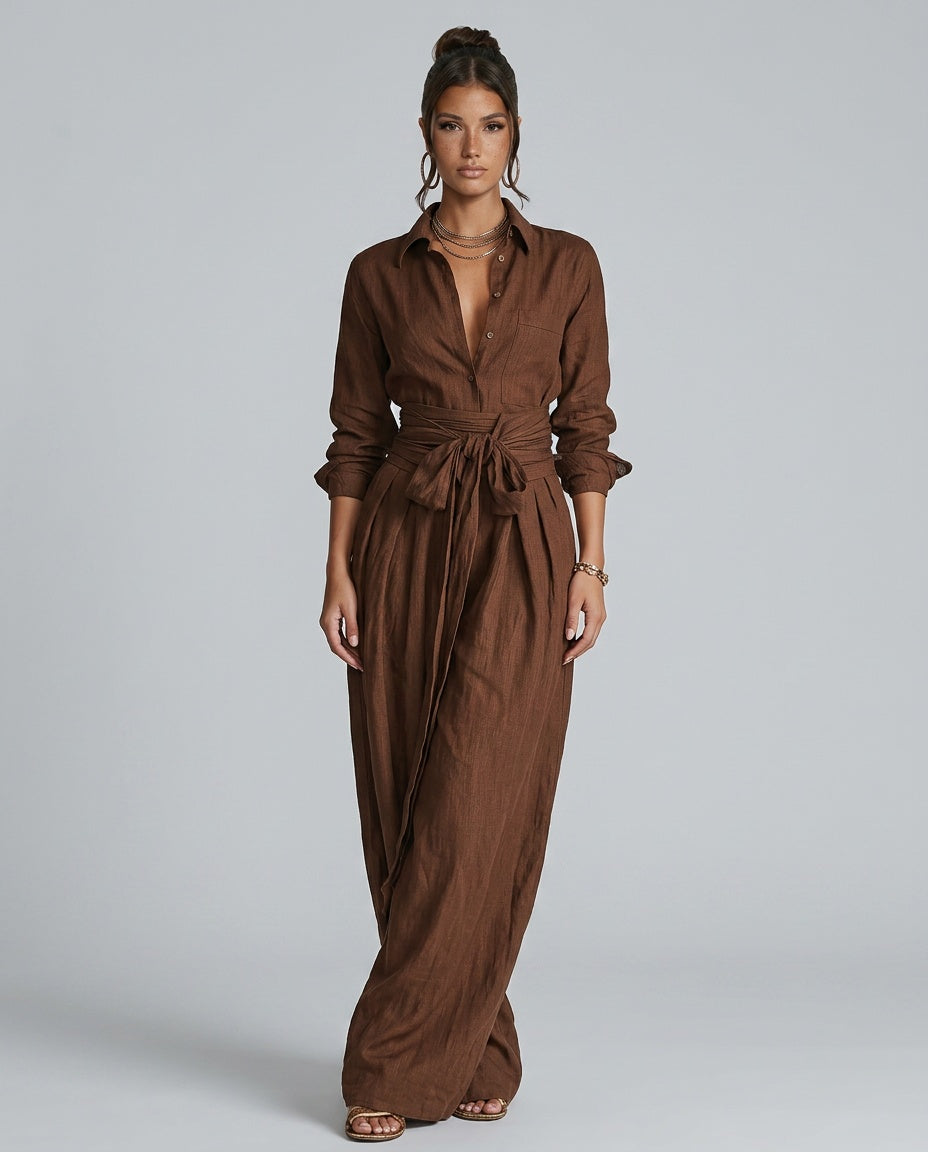Comfortable women's wide leg jumpsuit featuring a relaxed fit and elegant button-front design.