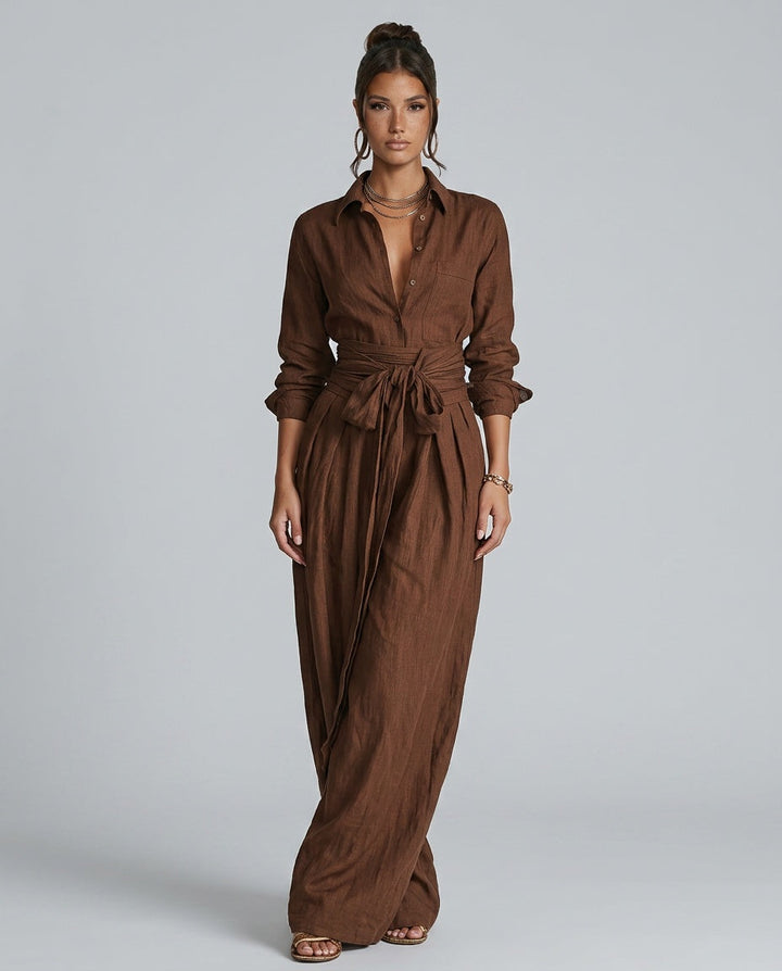 Comfortable women's wide leg jumpsuit featuring a relaxed fit and elegant button-front design.