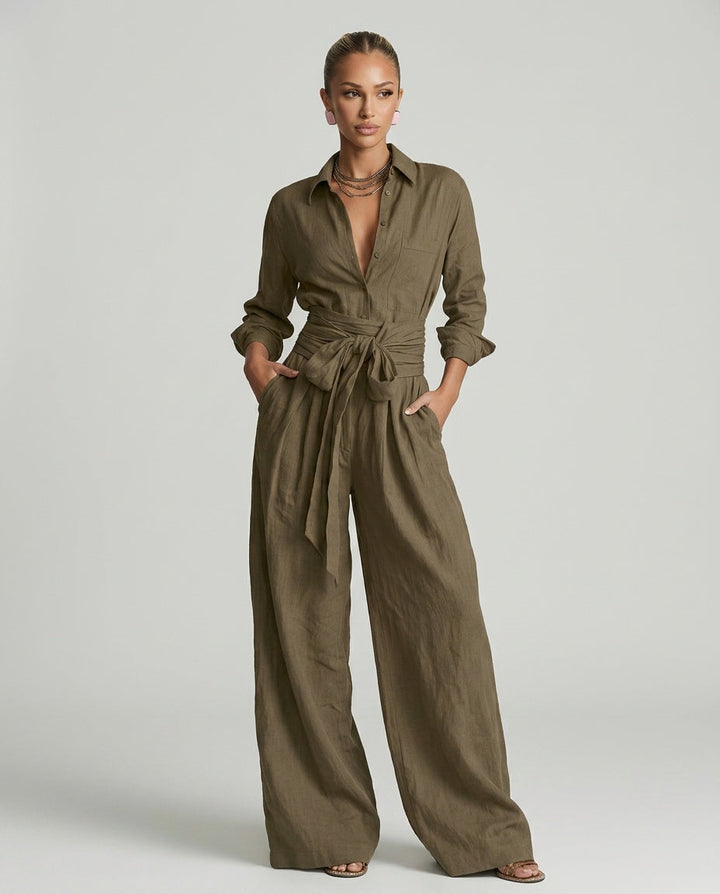 Versatile women's wide leg jumpsuit, a comfortable one-piece with chic button-front detailing for all seasons.