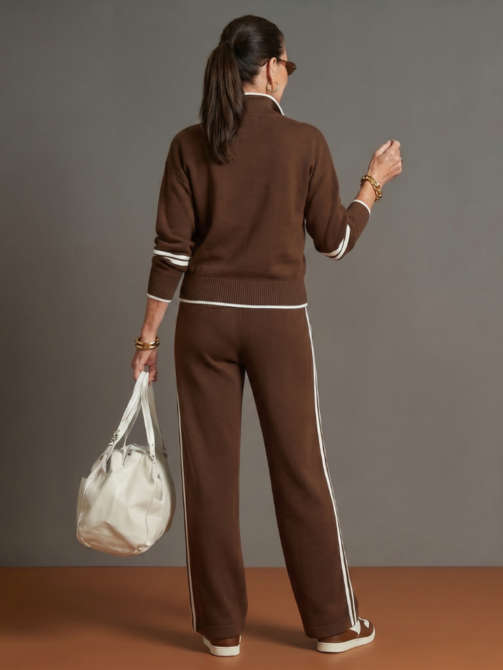Everyday women's casual set: zip neck long sleeve top paired with wide leg side stripe pants.
