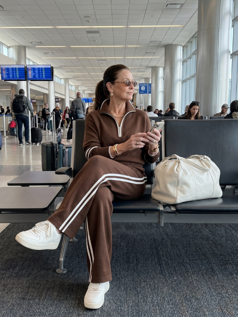 Relaxed fit women's two-piece set, a comfortable zip neck top and chic side stripe wide leg pants.