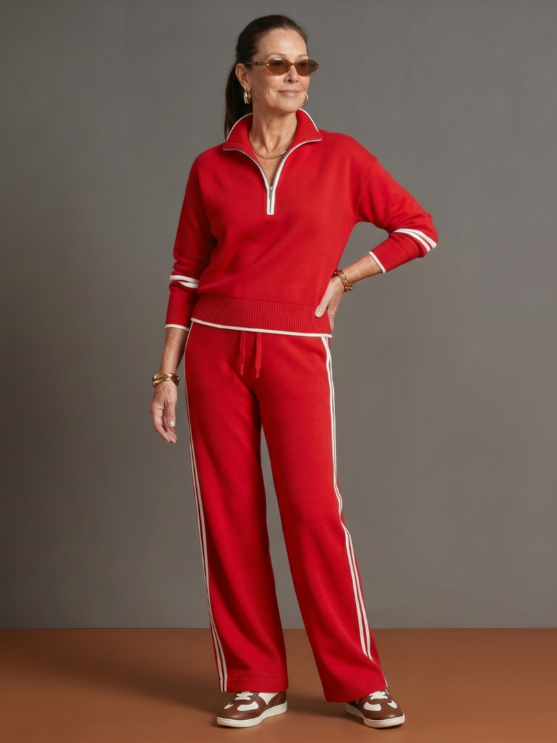 Versatile women's pants set: comfy long sleeve zip neck top and fashionable side stripe trousers.