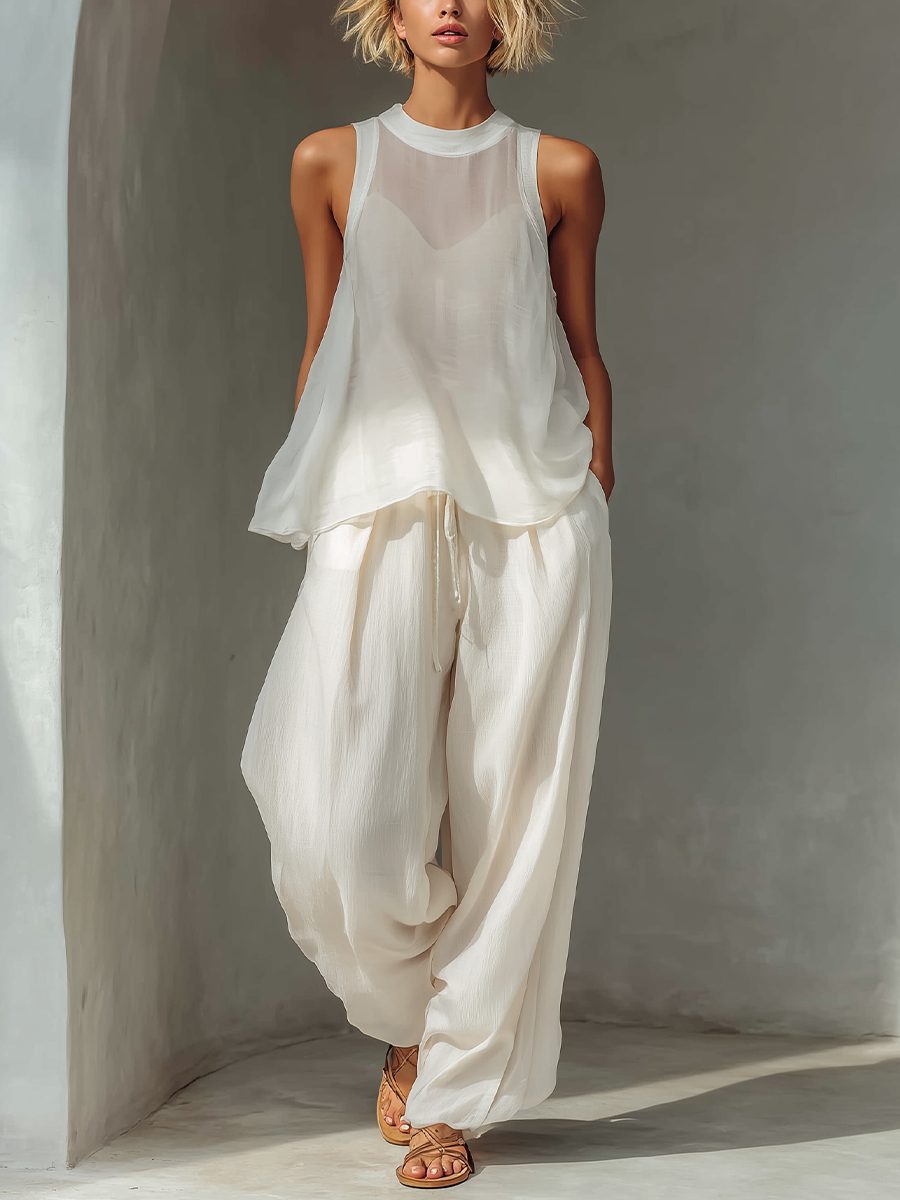 Women's chiffon wide leg drawstring trousers set. Sleeveless top & comfortable flowy pants for summer.