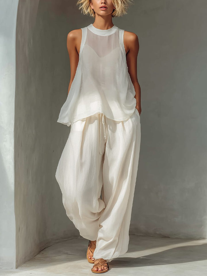 Women's chiffon wide leg drawstring trousers set. Sleeveless top & comfortable flowy pants for summer.