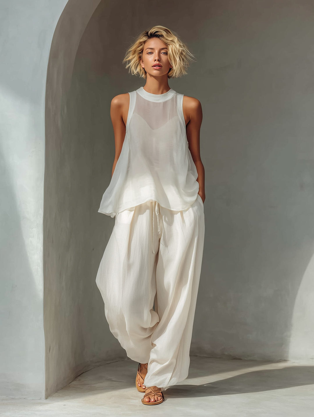 Stylish women's sleeveless chiffon top & matching wide leg drawstring trousers set. Perfect resort wear.