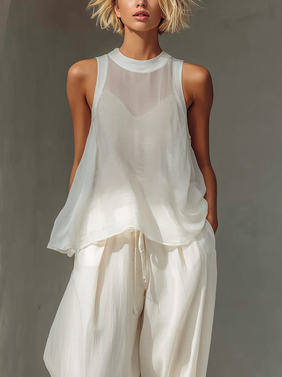 Casual women's wide leg chiffon drawstring trousers. Comfortable and flowy pants for summer outfits.