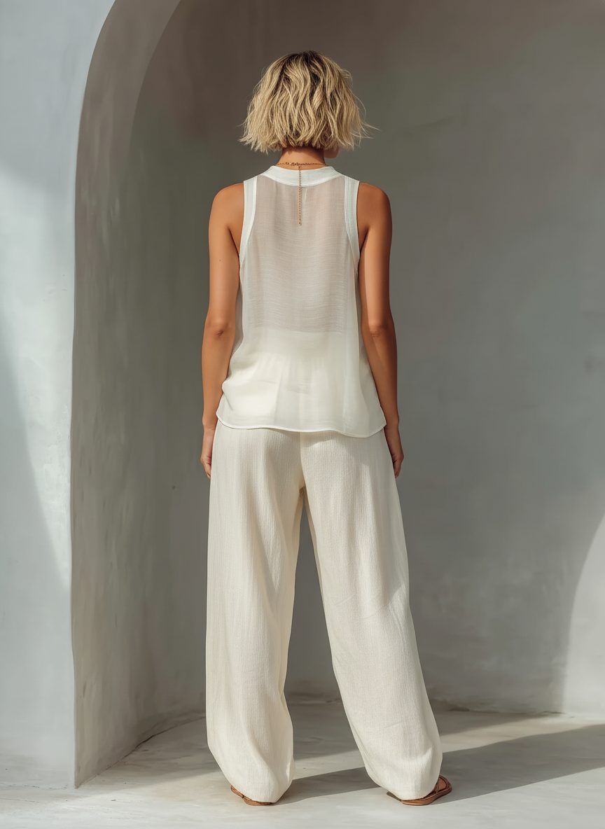 Fashionable women's wide leg chiffon trousers & sleeveless top set. Drawstring waist, perfect for summer casual.
