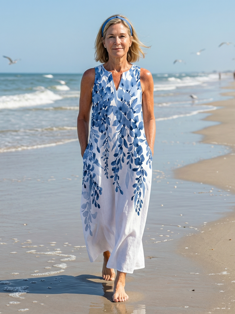 Women's Chill Breeze sleeveless white maxi dress with botanical print. Perfect for summer, beach, or casual wear.