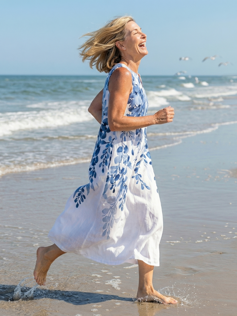 Relaxed fit women's sleeveless maxi dress, white with botanical print. Comfortable casual wear, vacation, or summer outfit.