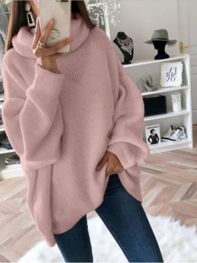 Model wearing a warm, fashionable women's cable knit turtleneck sweater for casual office style.