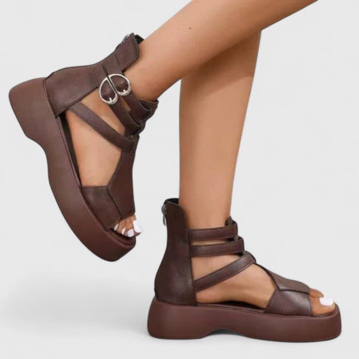 Trendy women's chunky platform heeled sandals, featuring a strappy design and comfortable ankle strap.
