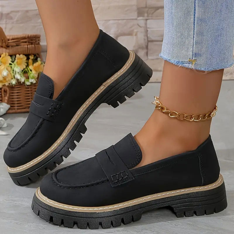 Stylish women's chunky sole loafers with vamp strap, a trendy footwear choice for spring & autumn.
