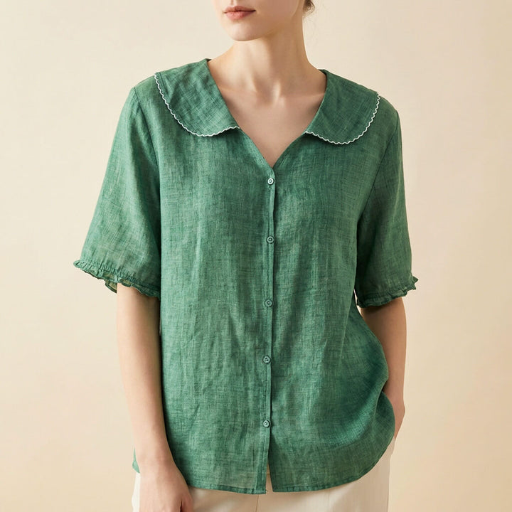 Women's Clara summer blouse in elegant linen blend fabric, short sleeve design.