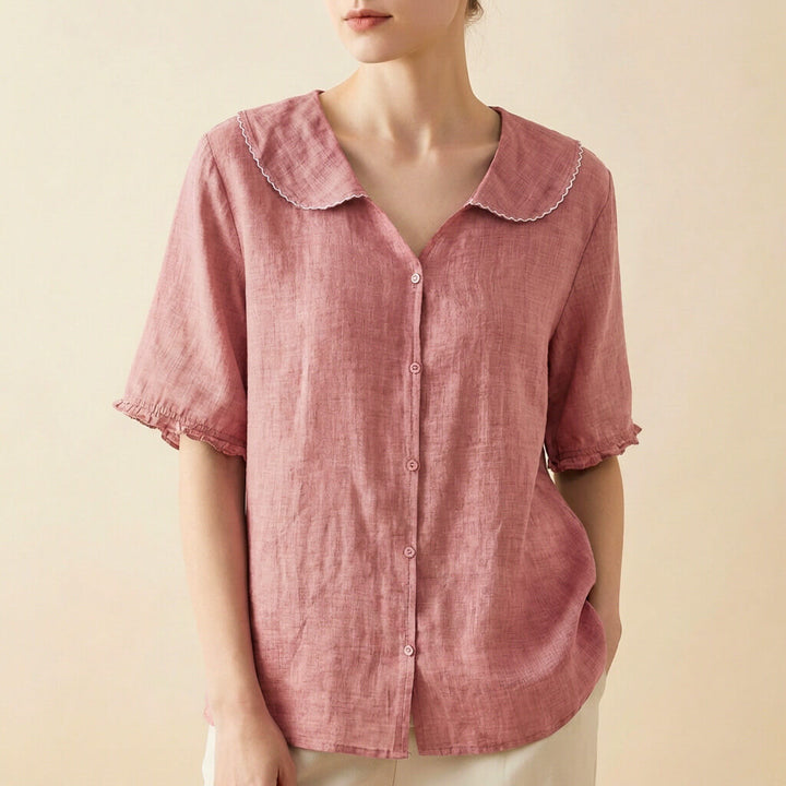 Lightweight linen blend blouse, ideal summer top for women's casual outfits.