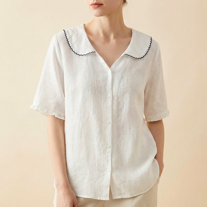 Versatile short sleeve blouse, women's Clara style in breathable linen blend.