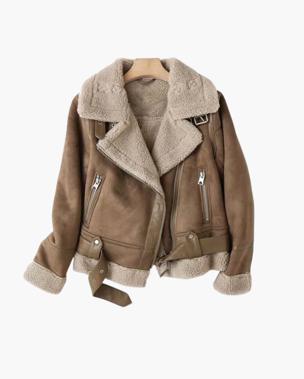 Women's classic aviator jacket in brown, featuring a structured fit & faux shearling collar for chic winter style.