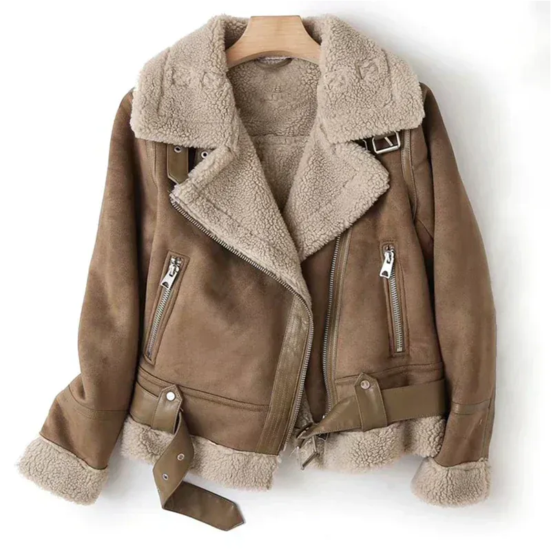 Close-up of a women's warm aviator jacket, highlighting its soft faux shearling lining and stylish details.