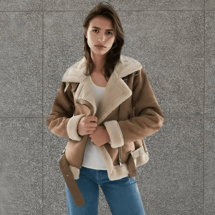 Women's classic aviator jacket with cozy shearling collar. Perfect fall/winter outerwear for a chic look.