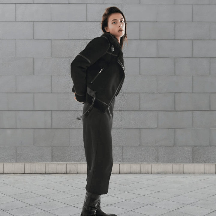 Fashionable women's aviator jacket with a cozy collar, perfect for adding a statement to any fall outfit.
