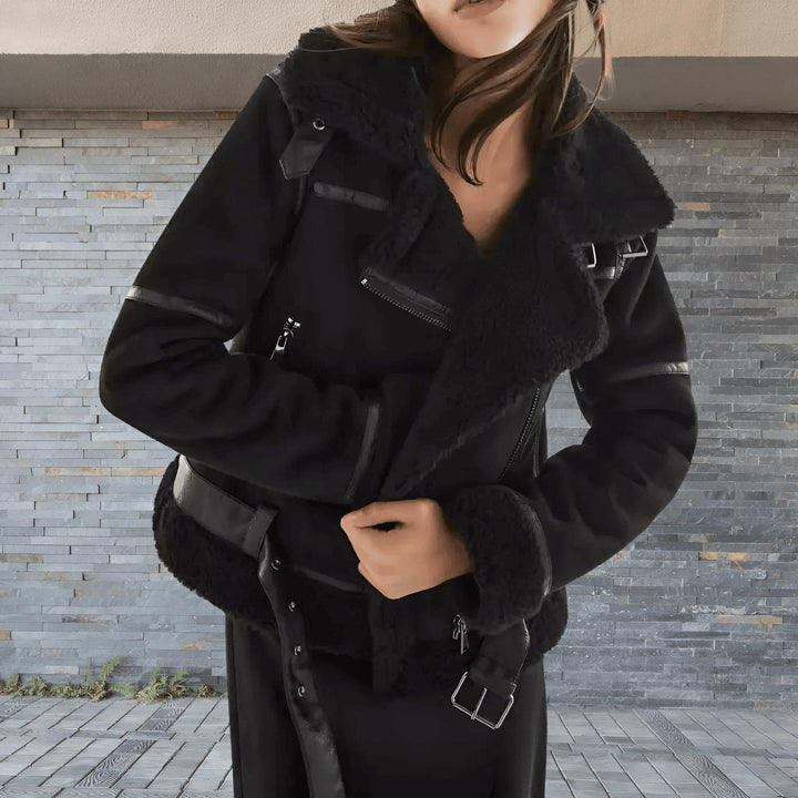 Women's classic aviator jacket in rich brown, featuring a super cozy faux fur collar. Winter essential.