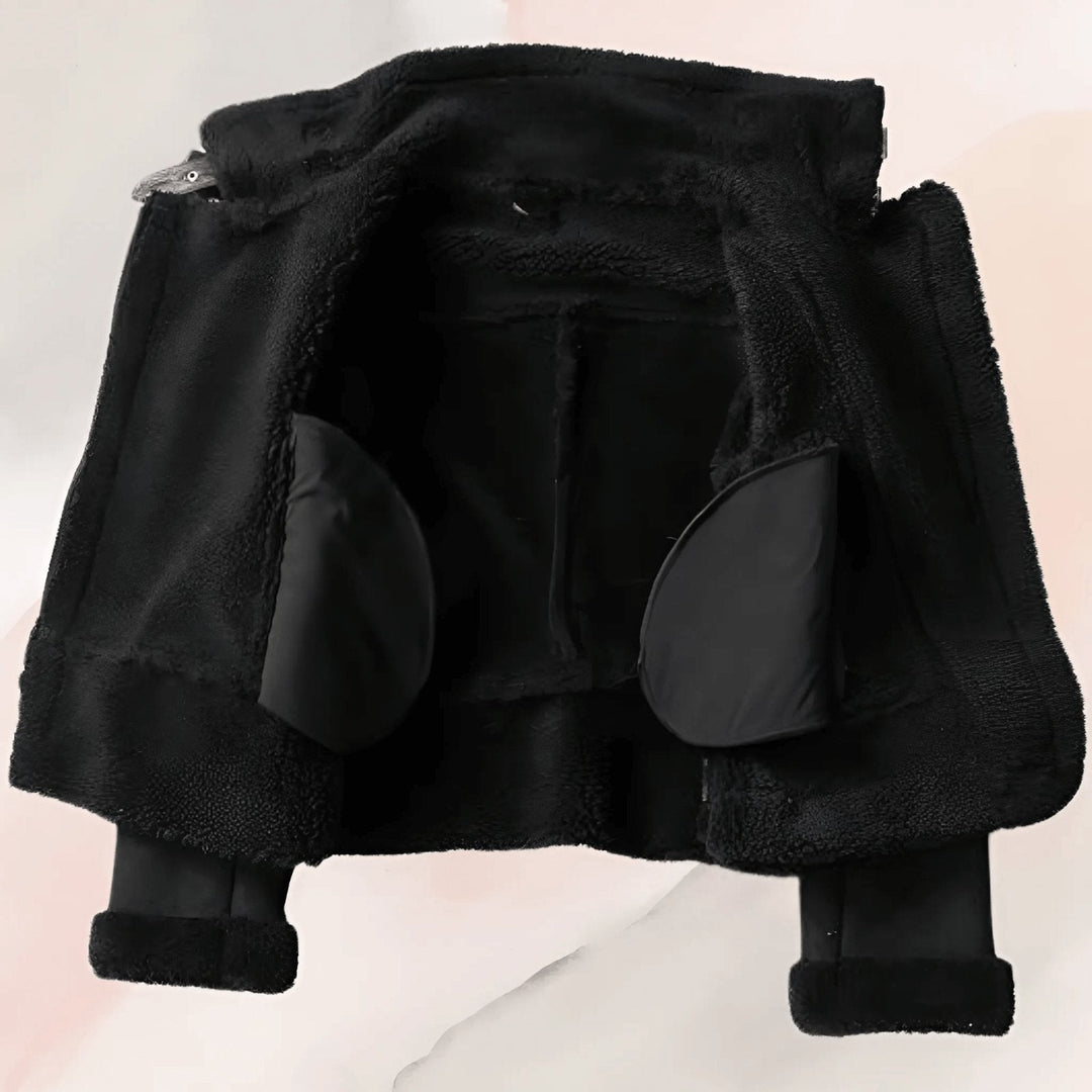 Statement women's aviator jacket with a sophisticated cozy collar. Perfect for a fashionable, warm look.