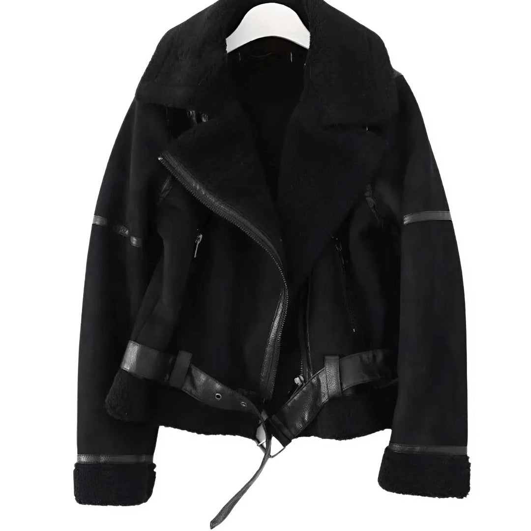 Chic women's aviator jacket with a cozy collar, belted design & asymmetric zip for a modern fall look.