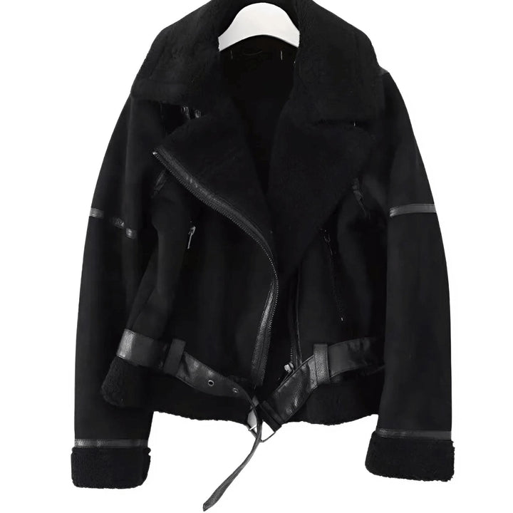 Chic women's aviator jacket with a cozy collar, belted design & asymmetric zip for a modern fall look.