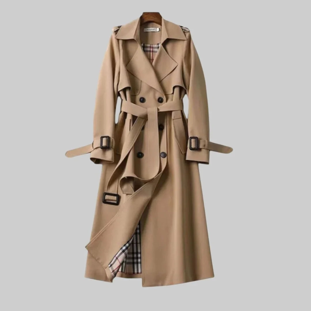 Women's classic beige double-breasted trench coat with belt, perfect for elegant autumn & spring outerwear.