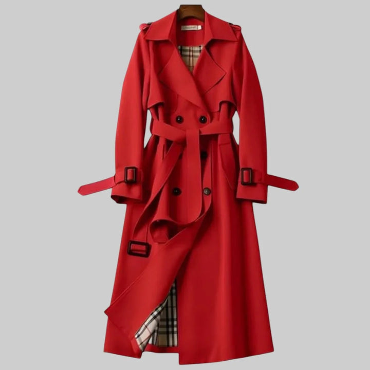Versatile long beige double-breasted trench coat for women, ideal transitional outerwear & sophisticated fashion.