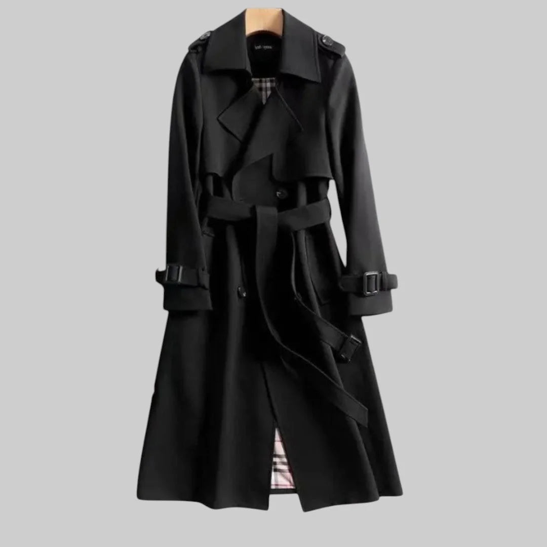 Sophisticated beige double-breasted trench coat, a classic women's long jacket for stylish autumn & spring wear.