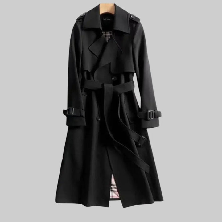Sophisticated beige double-breasted trench coat, a classic women's long jacket for stylish autumn & spring wear.