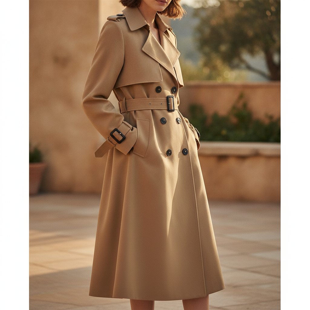 Women's classic belted double-breasted trench coat for autumn. Elegant outerwear, perfect for fall fashion.