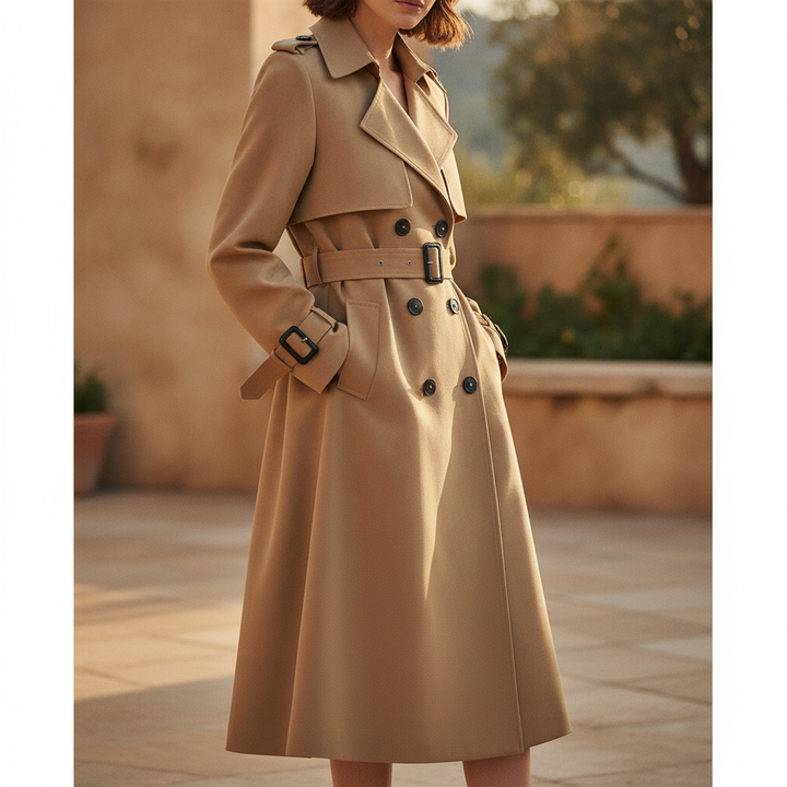 Women's classic belted double-breasted trench coat for autumn. Elegant outerwear, perfect for fall fashion.