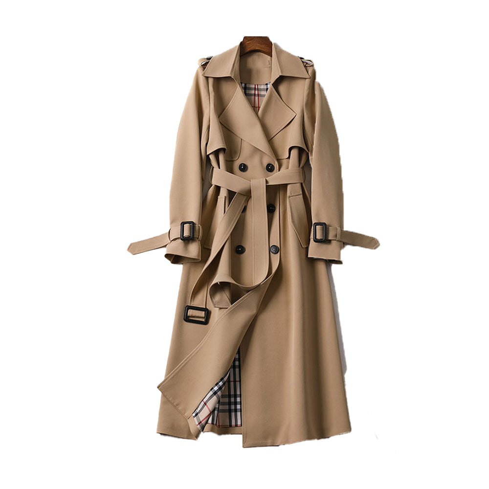 Sophisticated women's double-breasted trench coat with belt. Ideal workwear & versatile fall outerwear.