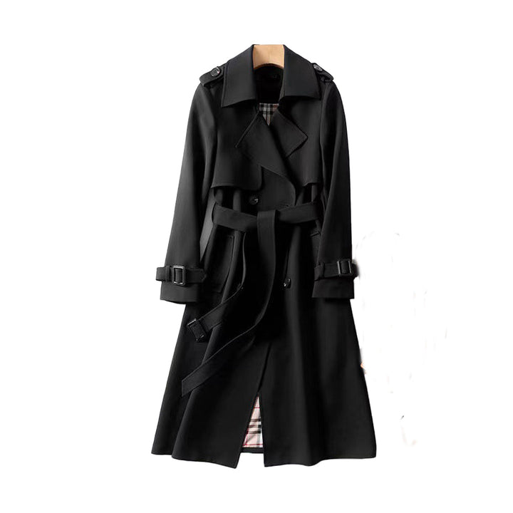 Long women's belted trench coat, double-breasted design. Classic mid-calf outerwear for elegant fall style.