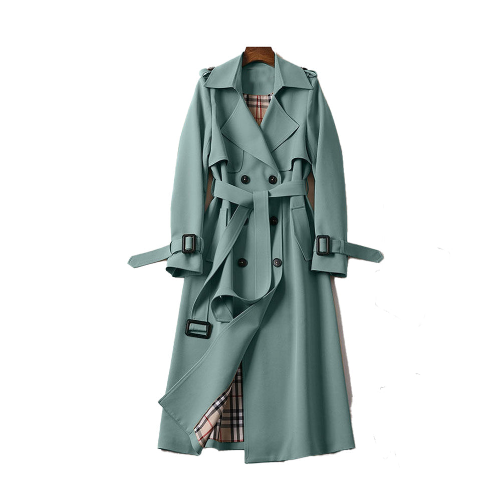 Stylish women's belted double-breasted trench coat. Mid-calf length, perfect classic outerwear for fall workwear.