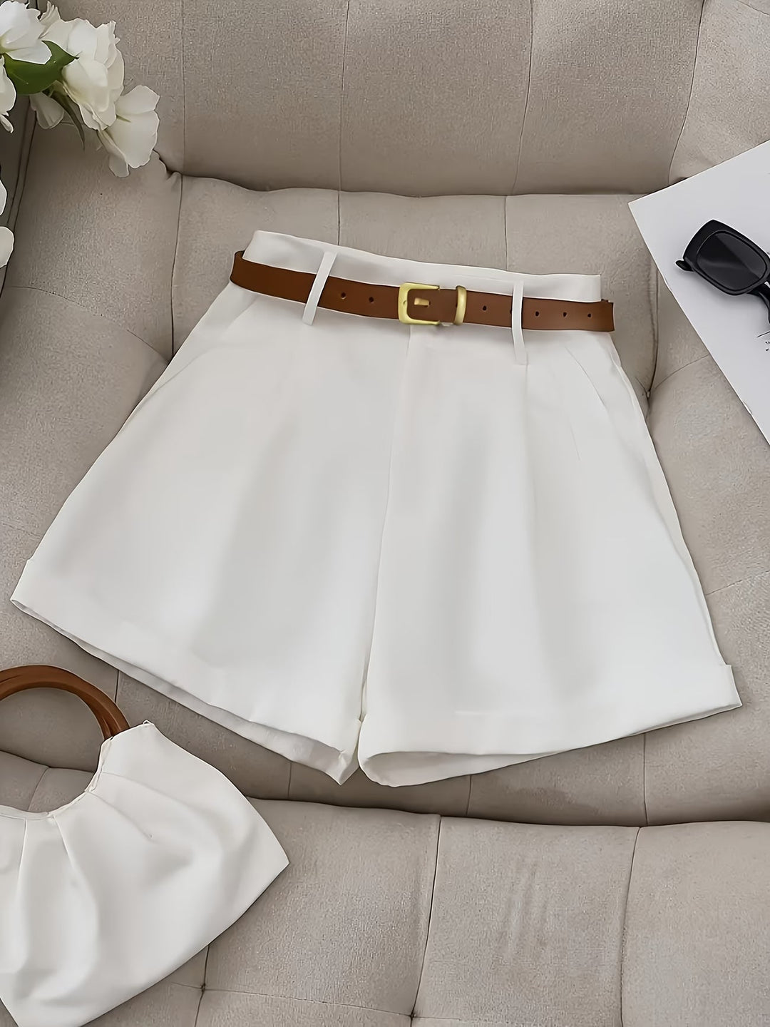 Women's classic belted everyday shorts. Perfect for effortless style, comfortable high-waist fit.