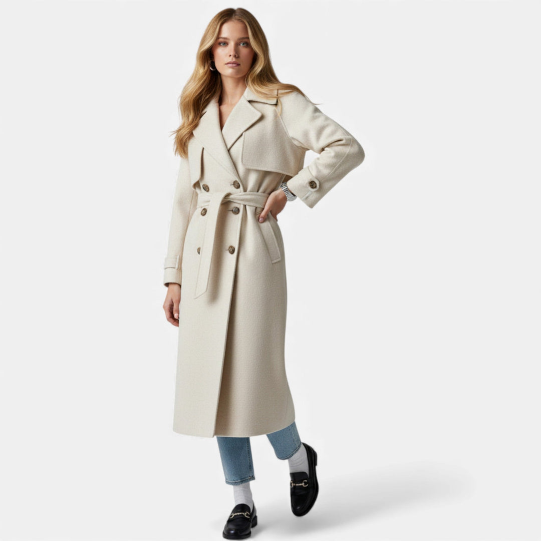 Women's classic belted lapel mid-length overcoat for elegant fall & winter fashion.