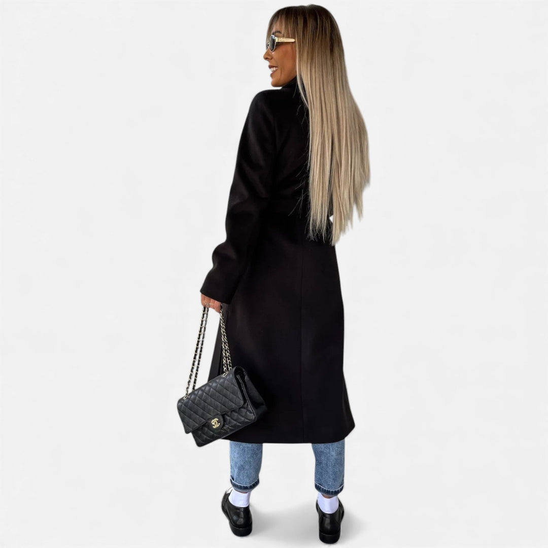 Ladies' elegant belted lapel overcoat, mid-length style for sophisticated fall/winter outfits.